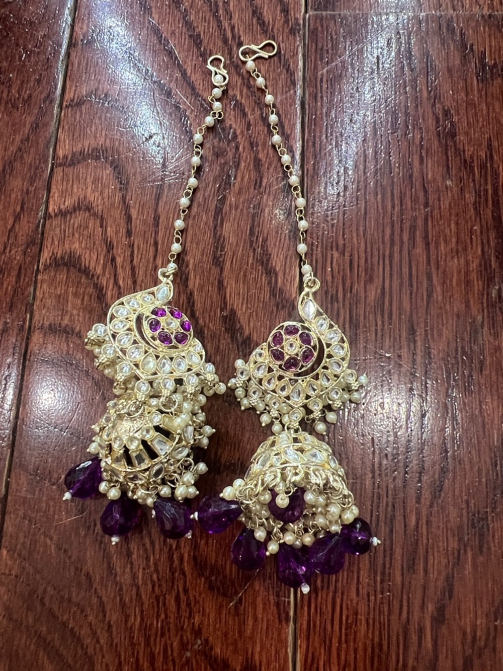 Traditional Gold-Plated Purple and Pearl Jhumka Hair Chains